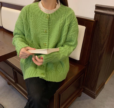 Gentle Thick Needle Knit Cardigan Nov 2020-New Arrival FREE SIZE GREEN 
