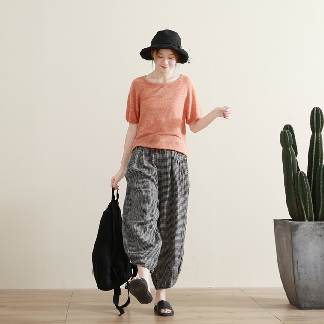 Summer Plaid Linen Pants With Side Pockets