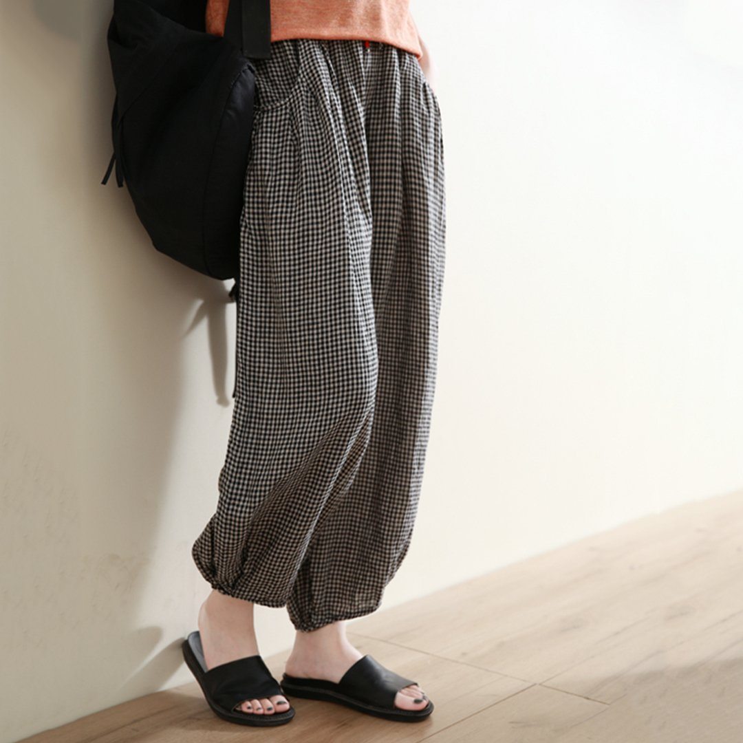 Ginham Linen Pants With Side Pockets For Women May 2020-New Arrival One Size Gingham 