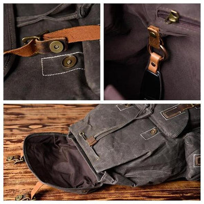 Handcrafted Waxed Canvas Leather Travel Backpack School Backpack Cool Hiking Rucksack