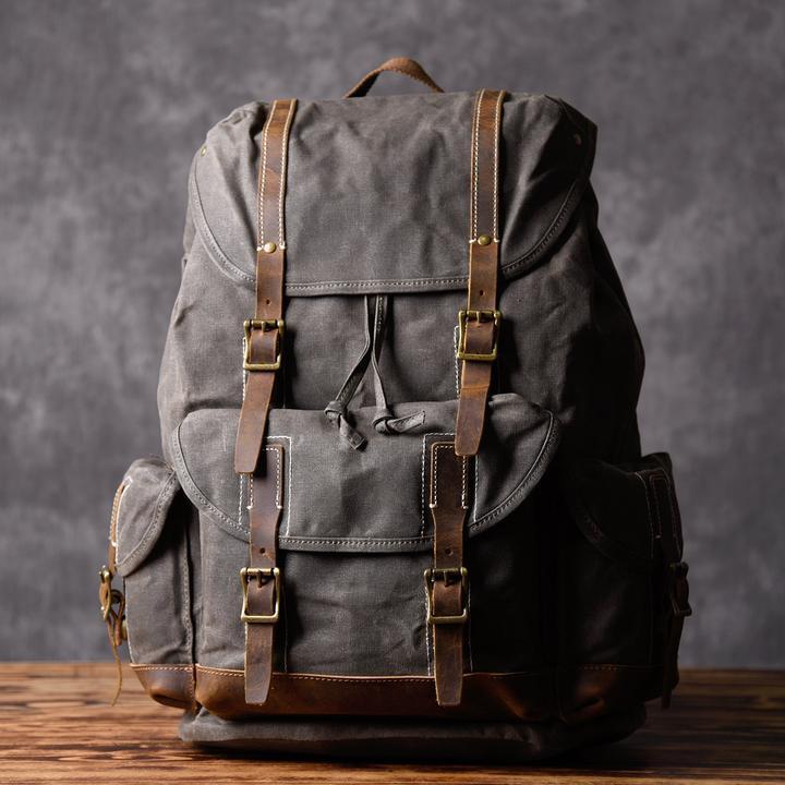 Handcrafted Waxed Canvas Leather Travel Backpack School Backpack Cool Hiking Rucksack