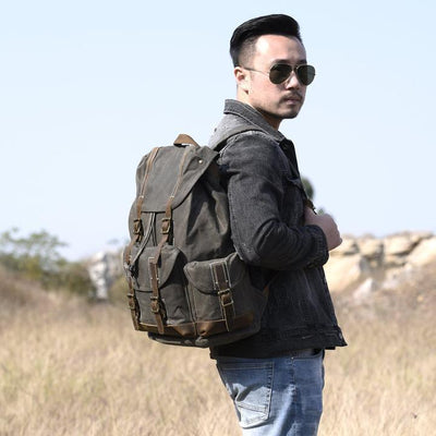 Handcrafted Waxed Canvas Leather Travel Backpack School Backpack Cool Hiking Rucksack - Babakud