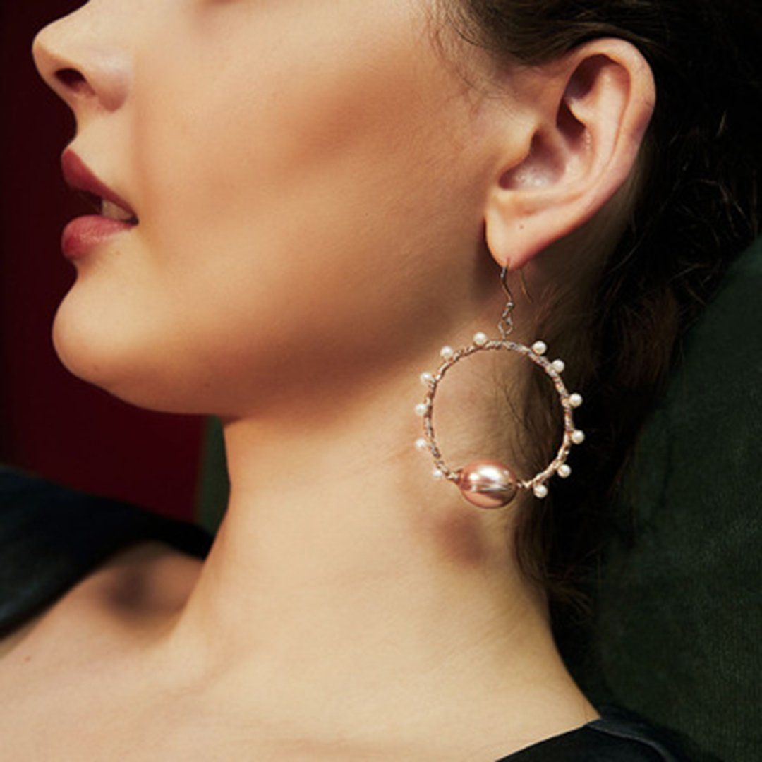 Handmade Copper Wire Woven Shell Pearl Earrings Jewelry