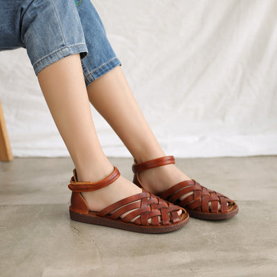 Handmade Plaited Leather Vintage Summer Flat Sandals May 2022 New Arrival Brown 35 