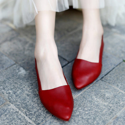 Handmade Pointed Toe Leather Flats 35 Red 