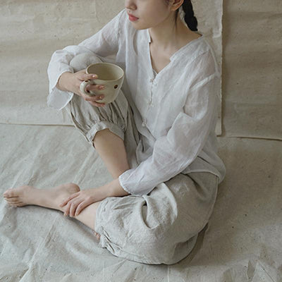 Chinese Style Pure Linen Shirt White
