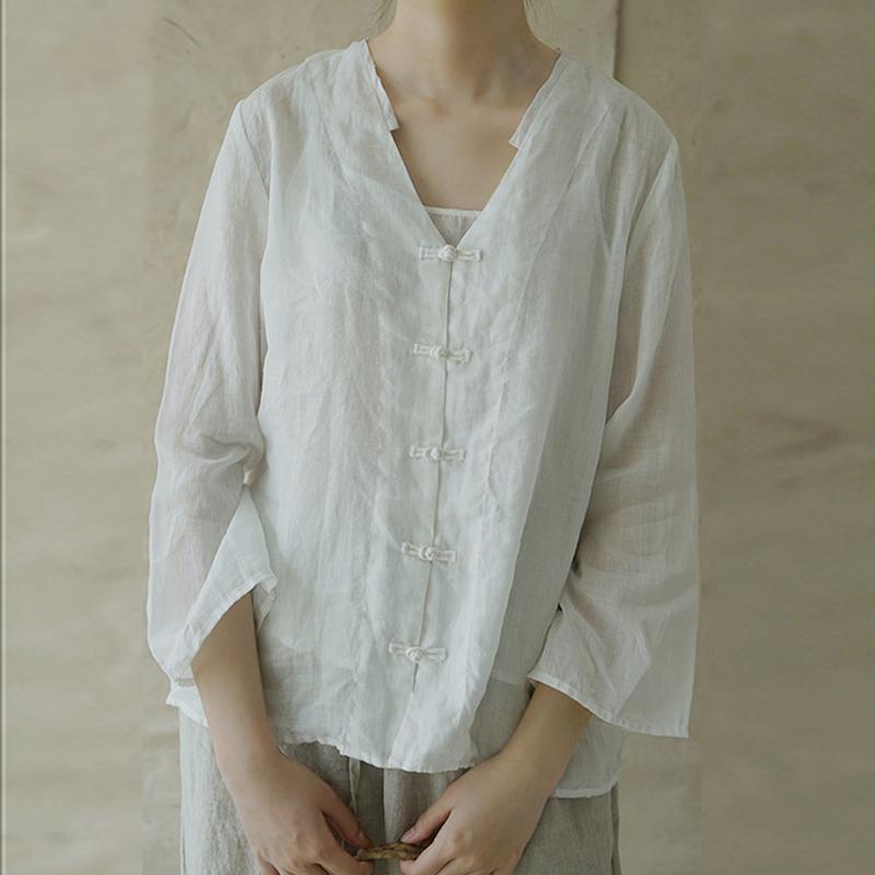 Chinese Style Pure Linen Shirt White
