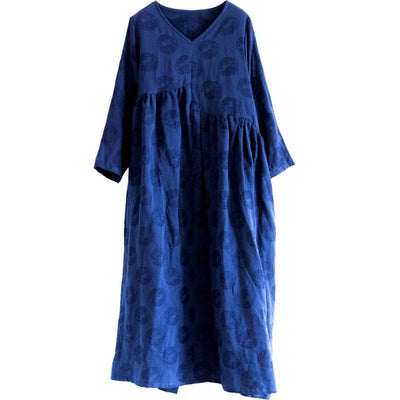 Jacquard V-Neck Oversized Ruched Dress - Navy Blue