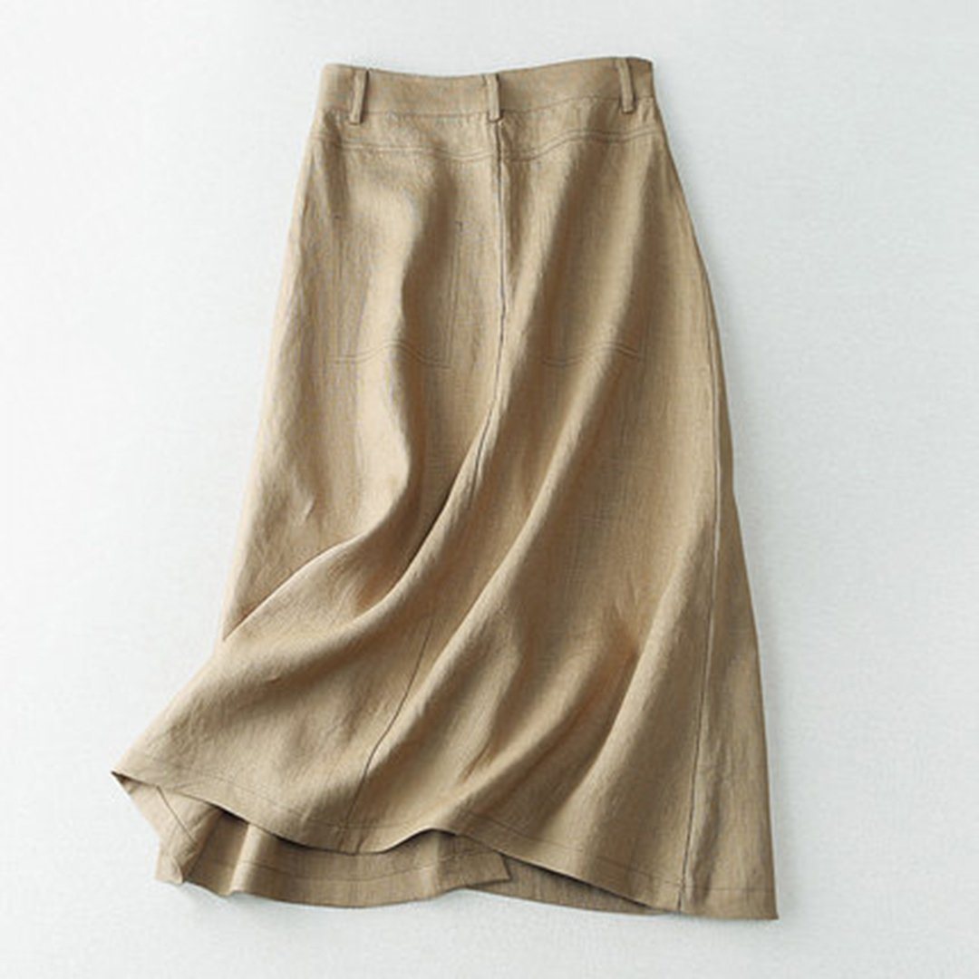 Khaki Linen A-line Midi Skirts For Women May 2020-New Arrival 