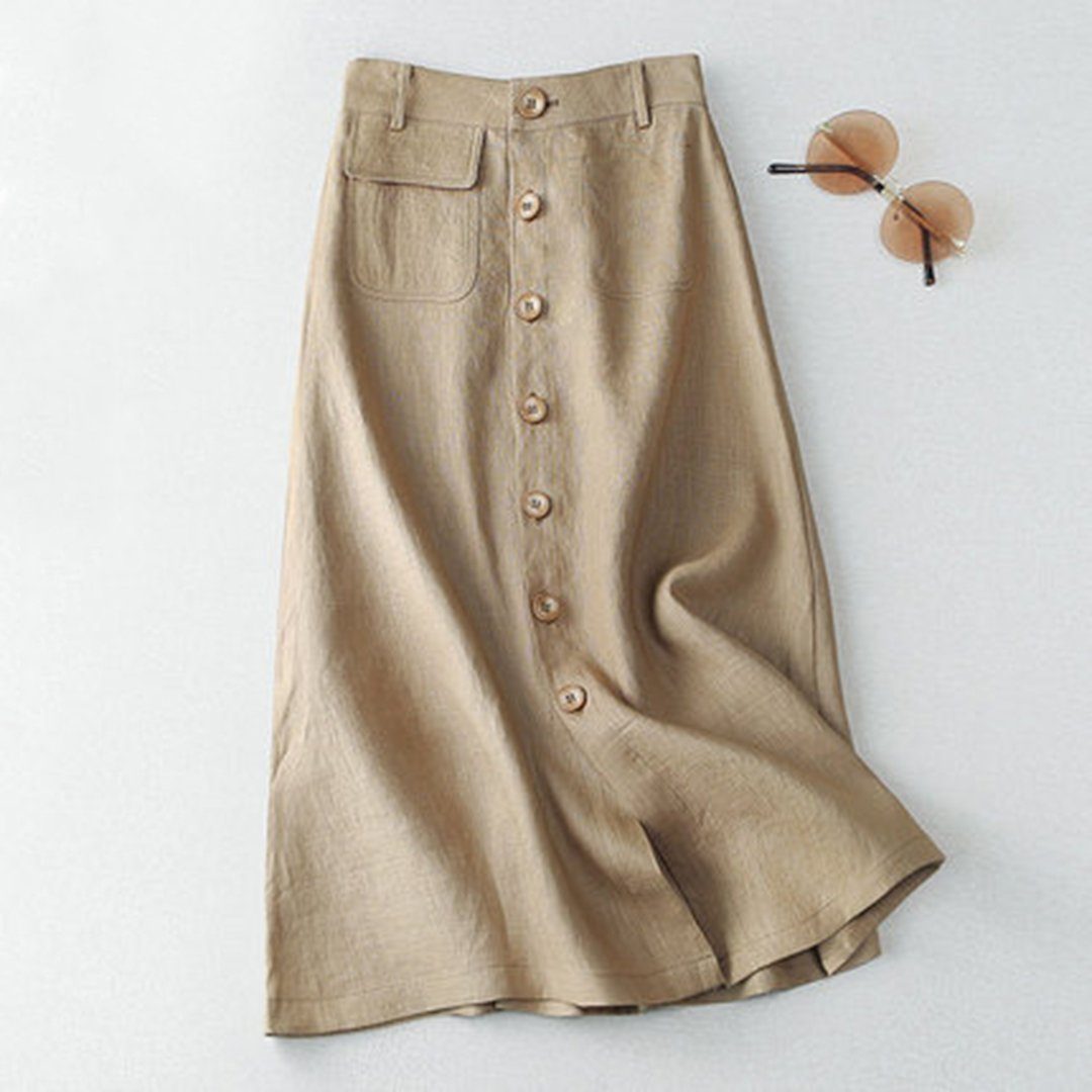 Khaki Linen A-line Midi Skirts For Women