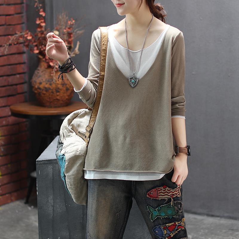 Knitted Linen Fake Two-piece Round Neck T-shirt