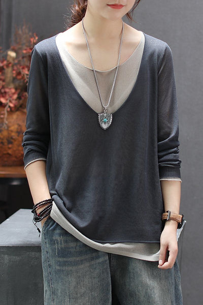 Knitted Linen Fake Two-piece Round Neck T-shirt Nov 2020-New Arrival 