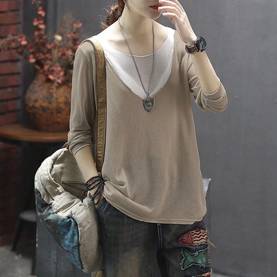 Knitted Linen Fake Two-piece Round Neck T-shirt Nov 2020-New Arrival Free Size beige 