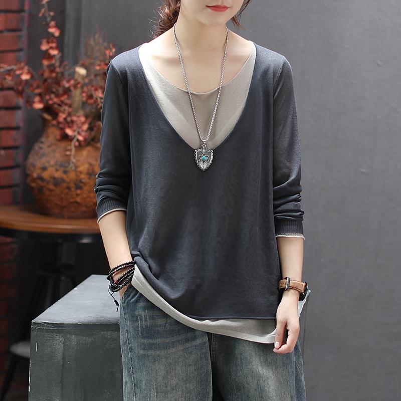 Knitted Linen Fake Two-piece Round Neck T-shirt Nov 2020-New Arrival Free Size black 
