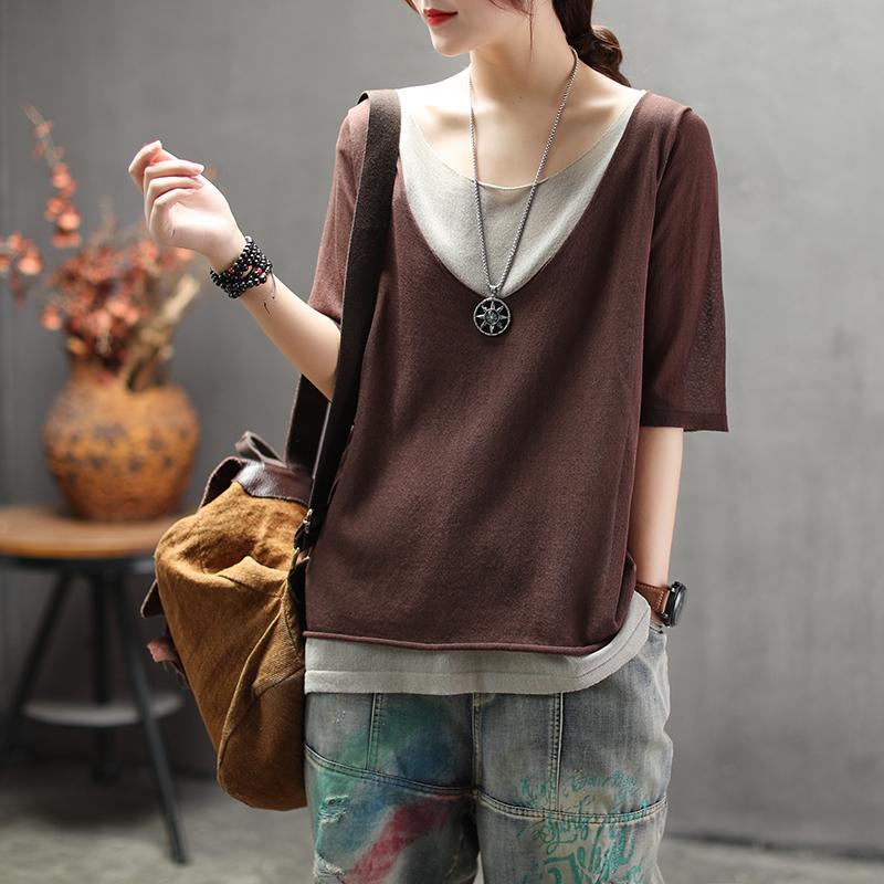 Knitted Linen Fake Two-piece Round Neck T-shirt Nov 2020-New Arrival Free Size brown 