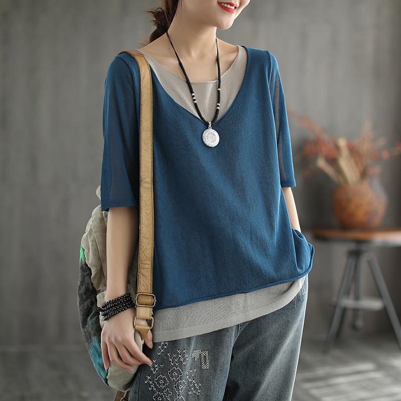 Knitted Linen Fake Two-piece Round Neck T-shirt Nov 2020-New Arrival Free Size gray green 