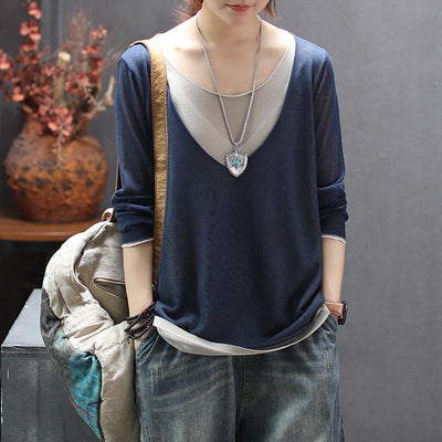 Knitted Linen Fake Two-piece Round Neck T-shirt Nov 2020-New Arrival Free Size Navy blue 