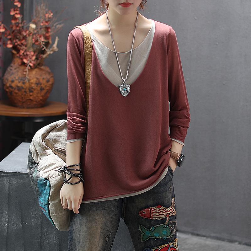 Knitted Linen Fake Two-piece Round Neck T-shirt Nov 2020-New Arrival Free Size rust red 