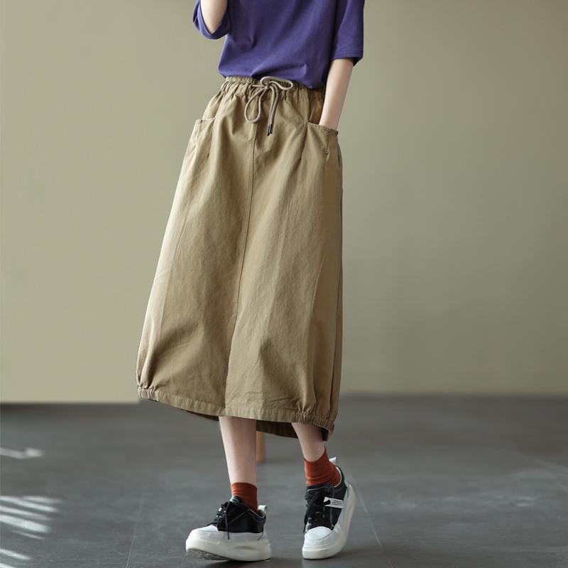 Lace Elastic Waist Casual Skirt Khaki March 2021 New-Arrival One Size Dark Khaki 