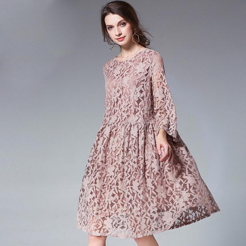 Lace Polyester Seven Percent Sleeve Women Plus Size Dress 2019 April New L Pink 