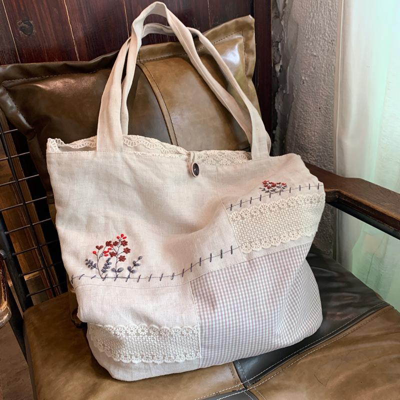 Lace Stitching Embroidery All-Match Retro Linen Bag May 2021 New-Arrival one size 