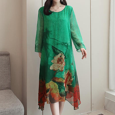 Ladies Fashion Floral Asymmetrical Midi Long Sleeve Dress 2019 March New S Green 