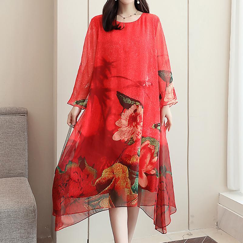 Ladies Fashion Floral Asymmetrical Midi Long Sleeve Dress 2019 March New S Red 
