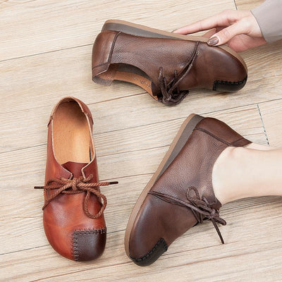 Ladies Round Toe Low Top Leather Shoes May 2021 New-Arrival 