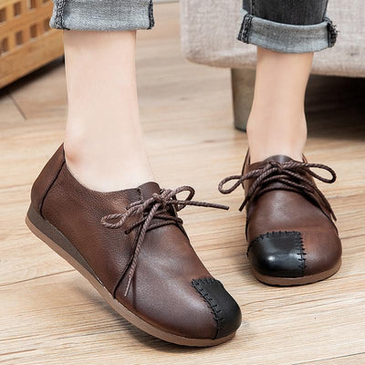 Ladies Round Toe Low Top Leather Shoes May 2021 New-Arrival 35 Brown 