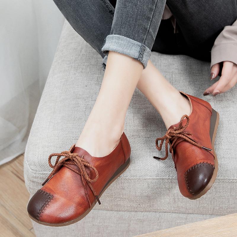 Ladies Round Toe Low Top Leather Shoes