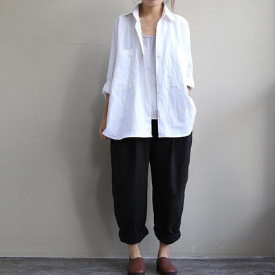 Large size women's Long Sleeve Linen Shirt 2020 New February 