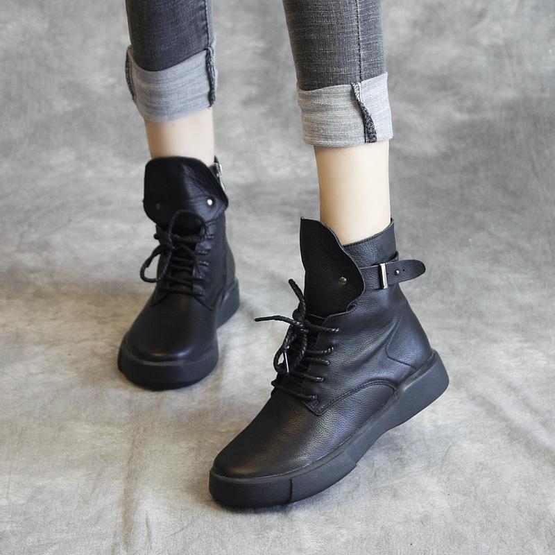 Leather Buckle Lace-up Ankle Boots Nov 2020-New Arrival 35 BLACK 