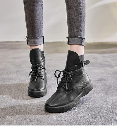Leather Buckle Lace-up Ankle Boots