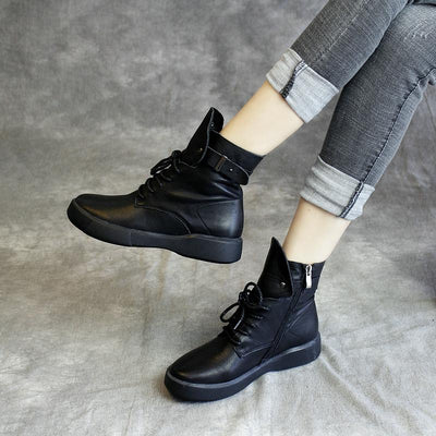 Leather Buckle Lace-up Ankle Boots