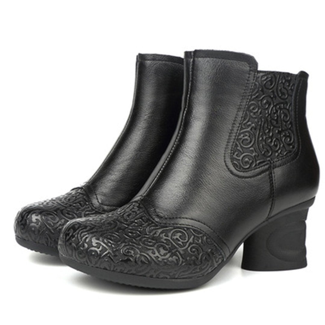 Leather Embossed Side Zippers Women Boots