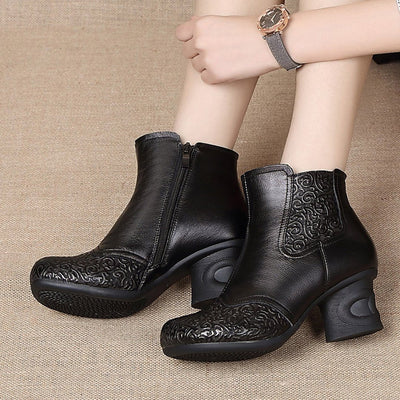 Leather Embossed Side Zippers Women Boots 2019 New December 35 Black Plush 