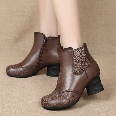 Leather Embossed Side Zippers Women Boots