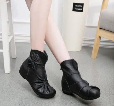 Leather Ethnic Flower Flat Cotton Boots