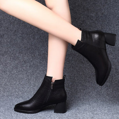 Leather Grid Chunky Heel Boots With Side Zippers