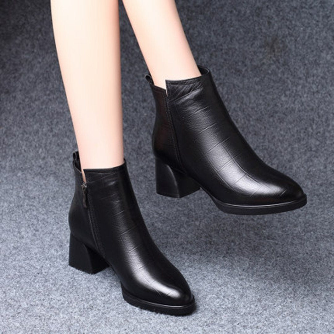 Leather Grid Chunky Heel Boots With Side Zippers – Babakud