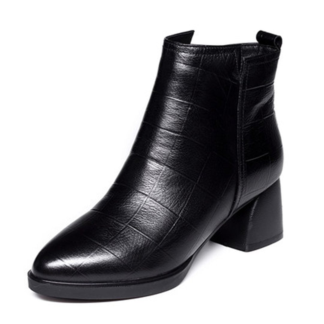 Leather Grid Chunky Heel Boots With Side Zippers 2020 New February 
