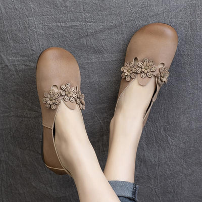 Leather handmade flower low-heel flat shoes