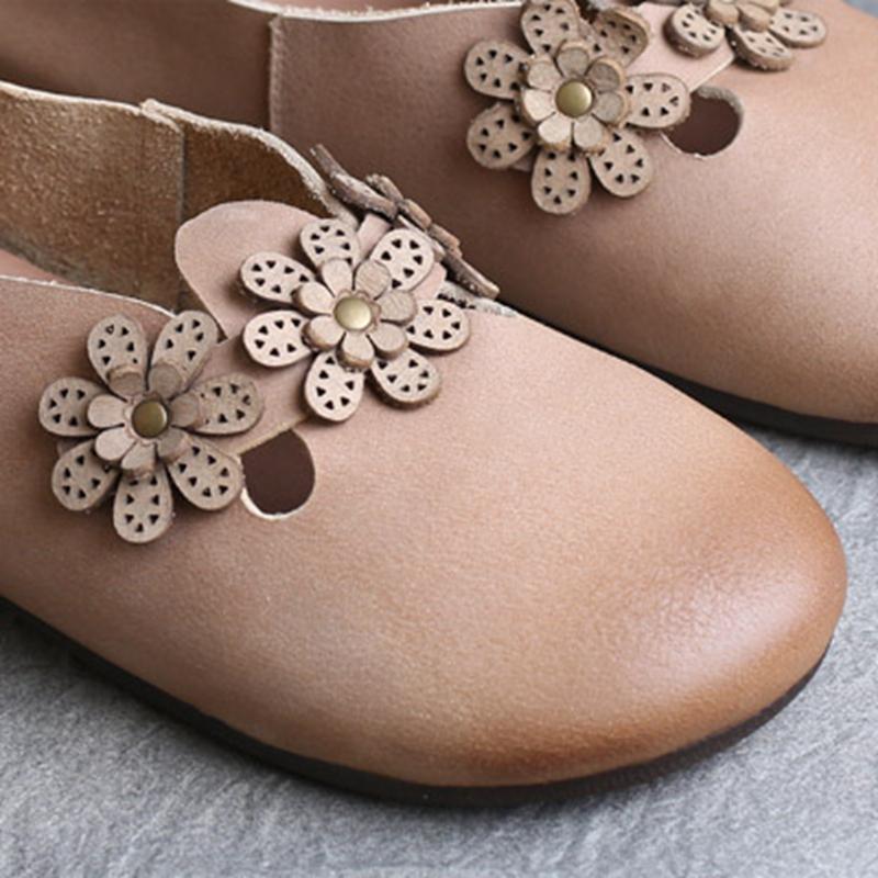 Leather handmade flower low-heel flat shoes