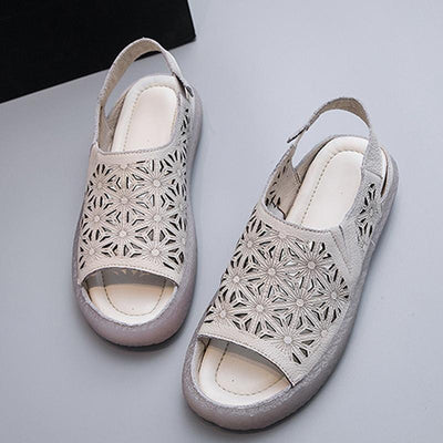 Leather Peep Toe Floral Hollow Out Casual Flat Sandals 2019 April New 35 White 