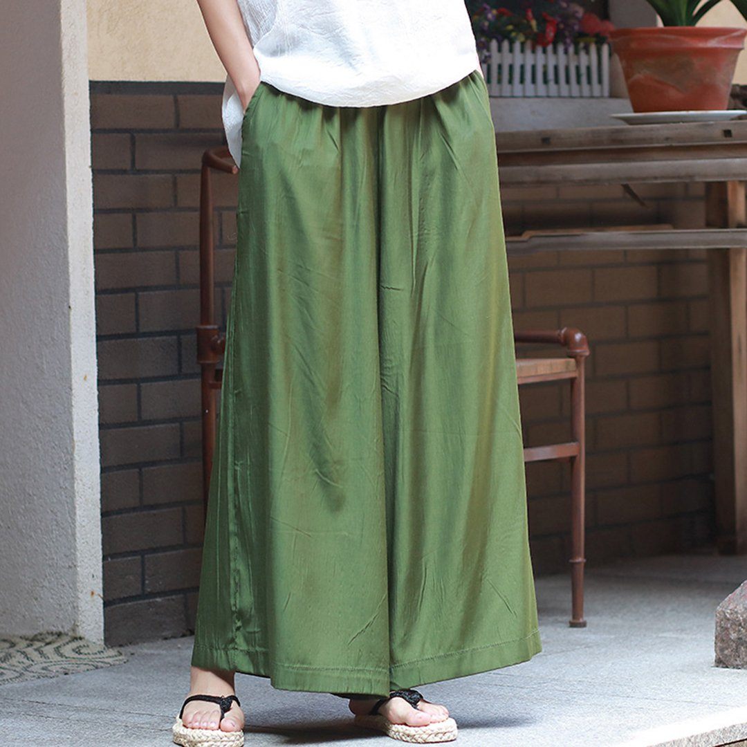 Lightweight Solid Wide Leg Pants One Size Green 