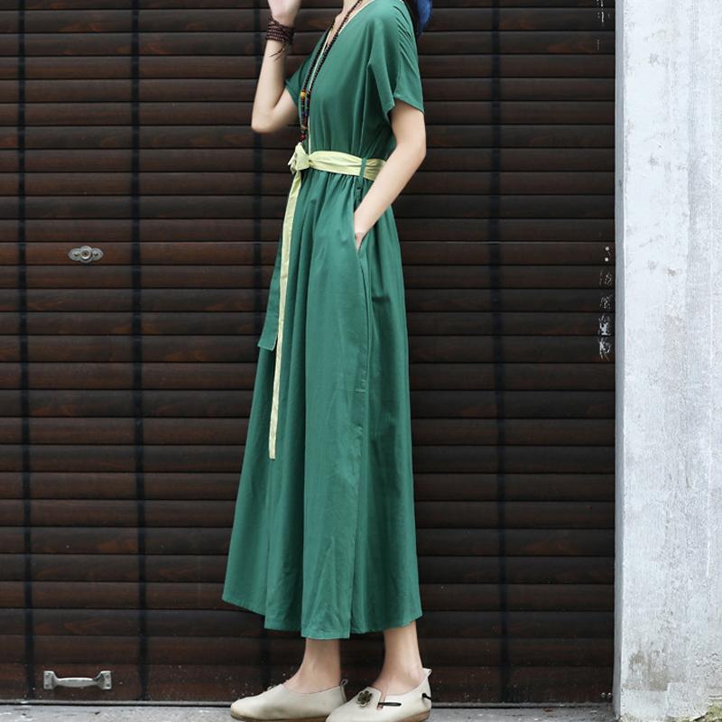 Linen Contrast Color Waist Loose Dress May 2021 New-Arrival 