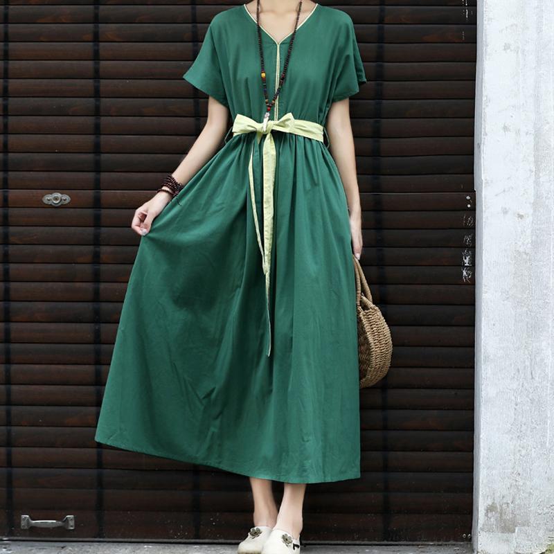 Linen Contrast Color Waist Loose Dress May 2021 New-Arrival L 