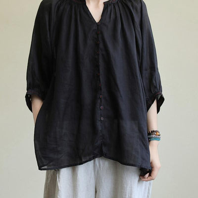 Linen Loose Three-Quarter Sleeve Shirt May 2021 New-Arrival One Size Black 