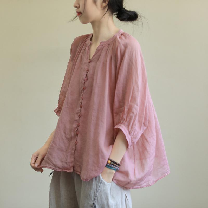 Linen Loose Three-Quarter Sleeve Shirt May 2021 New-Arrival One Size Pink 