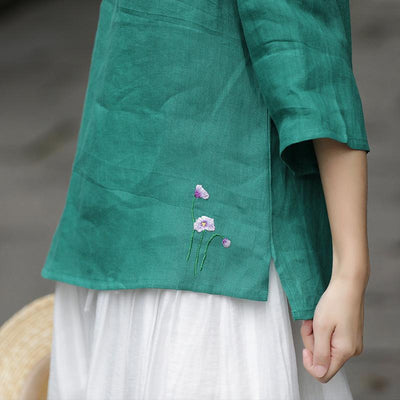 Linen Round Neck T-Shirt Three-Quarter Sleeves May 2021 New-Arrival M Green 